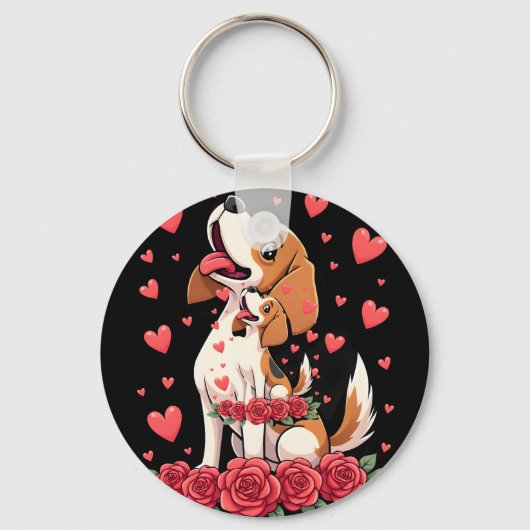 Porte-clés Cute Beagle with Red Roses Hearts Floral Valentine (Recto)