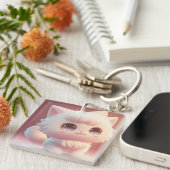 Porte-clés Cute Big Eyes Fluffy Blanc Chat (Devant Droit)