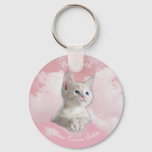 Porte-clés Cute Blanc Kitten Pink Sky Nuages Nom, Texte suppl