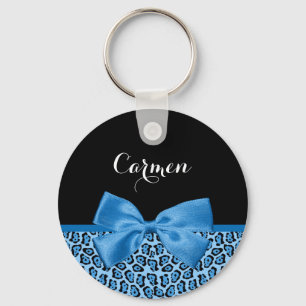 Porte-clés Cute Blue Jaguar Print Bright Blue Ribbon et nom