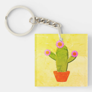 Porte-clés Cute Cactus En Dessin Avec Peinture De Fleurs Rose