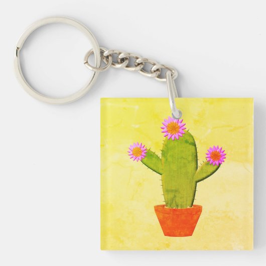 Porte-clés Cute Cactus En Dessin Avec Peinture De Fleurs Rose (Devant)