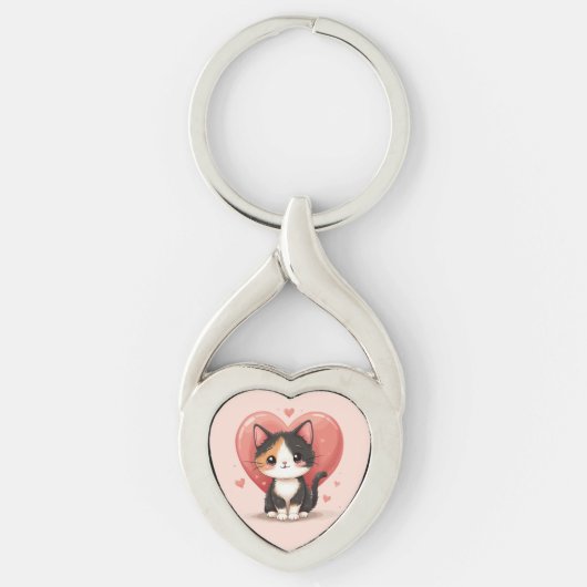 Porte-clés Cute Calico Cat Heart Kawaii Valentine's Art (Devant)