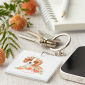 Porte-clés Cute Cavalier King Charles Spaniel Orange Fleurs (Devant Droit)