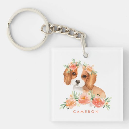 Porte-clés Cute Cavalier King Charles Spaniel Orange Fleurs (Devant)