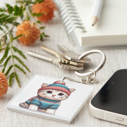 Porte-clés Cute Chat en pull et beanie (Devant Droit)