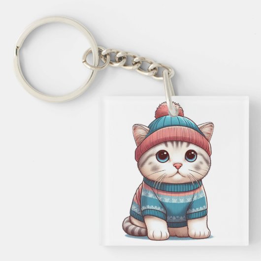 Porte-clés Cute Chat en pull et beanie (Devant)