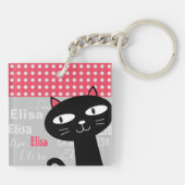 Porte-clés Cute Chat Noir Pois Rose Ajouter Votre Nom (Dos)
