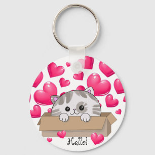 Porte-clés Cute chaton dans une boîte et les coeurs roses