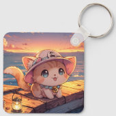 Porte-clés Cute Chibi Kitten at the Harbor Sunset – Whimsical (Dos)