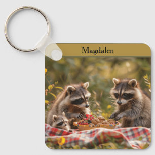 Porte-clés Cute famille raccoon avec pique-nique