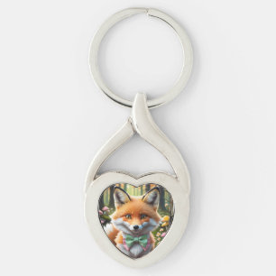 Porte-clés Cute Fox avec arc vert et rose