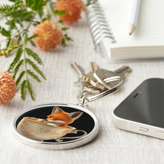 Porte-clés Cute Fox Drinking Tea on Keychain (Côté)