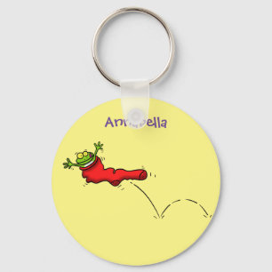 Porte-clés Cute frog in a red sock jumping cartoon