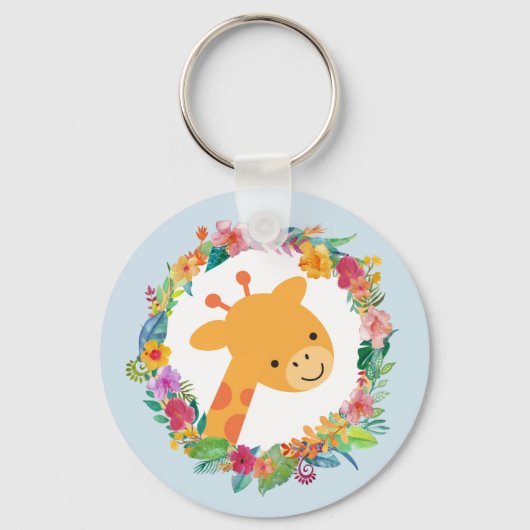 Porte-clés Cute Giraffe avec une aquarelle fleurie Wreath (Recto)