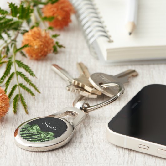 Porte-clés Cute Green Zebra Print FAUX Glitz Bow avec nom (Côté )