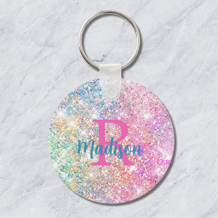 Porte-clés Cute iridescent unicorn pink faux glitter monogram