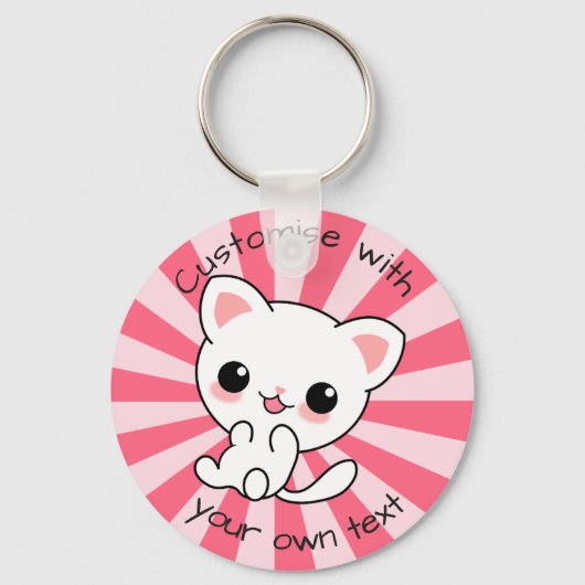 Porte-clés Cute kawaii Chat Blanc Texte Personnalisé Rose (Recto)