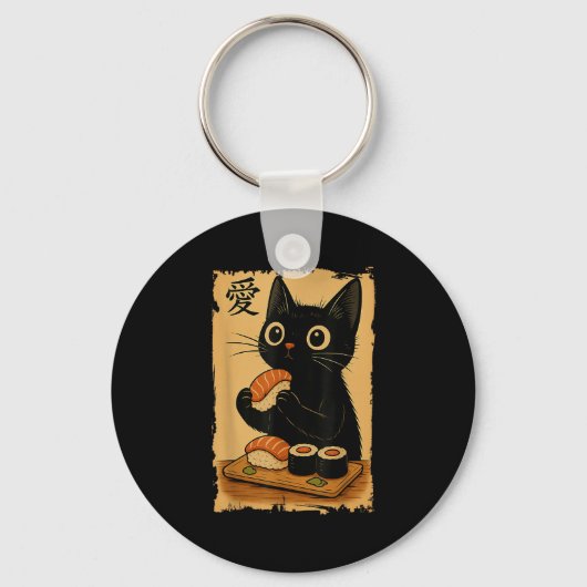 Porte-clés Cute Kawaii Chat Noir Manger Sushi Drôle Japonais (Recto)