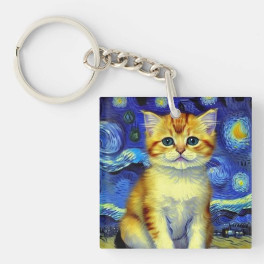Porte-clés Cute Kitten Starry Night Van Gogh (Devant)