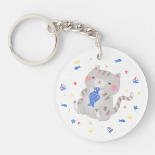 Porte-clés Cute Kitty avec du poisson en été Illustration