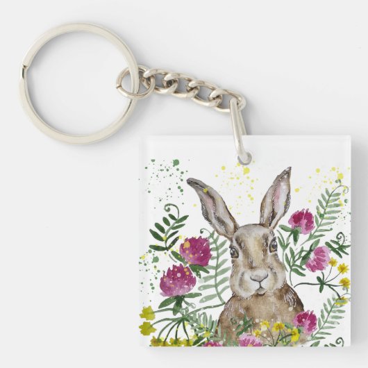 Porte-clés Cute lapin dans les fleurs d'aquarelle accent cous (Devant)