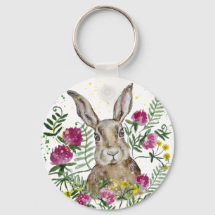 Porte-clés Cute lapin en fleurs d'aquarelle