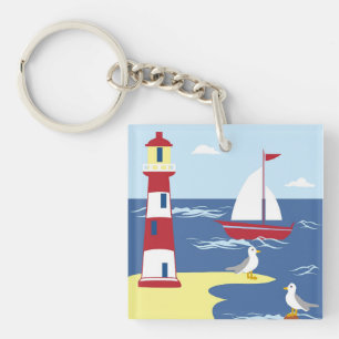 Porte-clés Cute Lighthouse and Boat Seaside Art