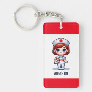 Porte-clés Cute Manga Nurse avec cheveux rouge bleu yeux Pers