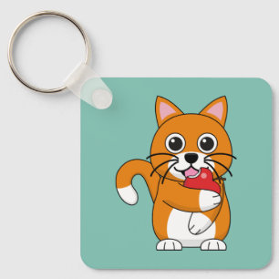 Porte-clés Cute Orange Blanc Chat Manger Rouge Pomme Carton