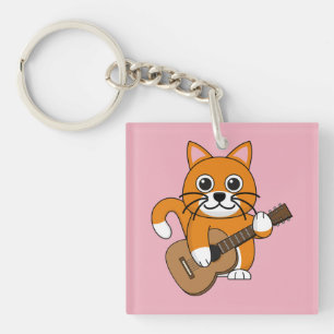 Porte-clés Cute Orange Chat Blanc Jouer Caricature Guitare