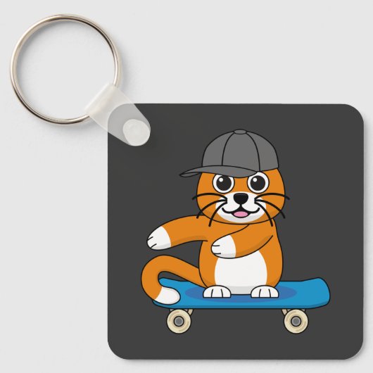 Porte-clés Cute Orange Chat sur Skateboard Cartoon (Recto)