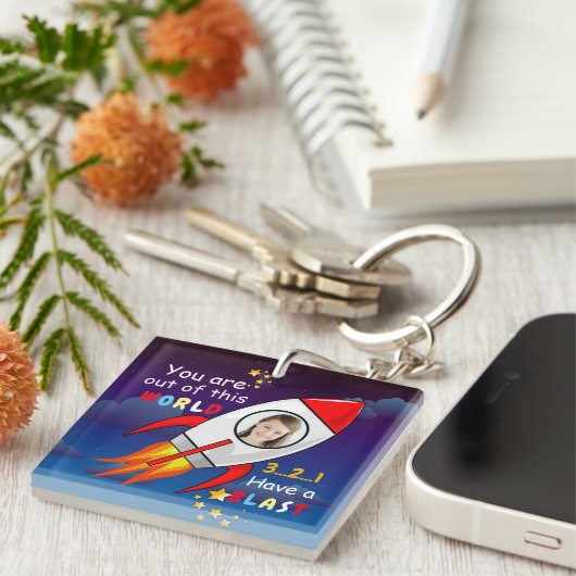 Porte-clés Cute Outer Space Rocket Ship Blast Off Birthday (Devant Droit)
