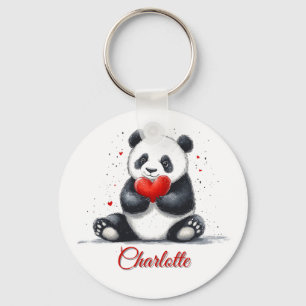 Porte-clés Cute Panda Holding Heart avec nom personnalisable