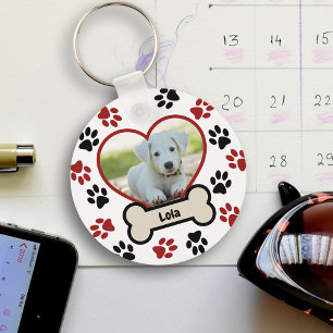 Porte-clés Cute Pet Chien Photo Coeur Red & Black Paws Motif