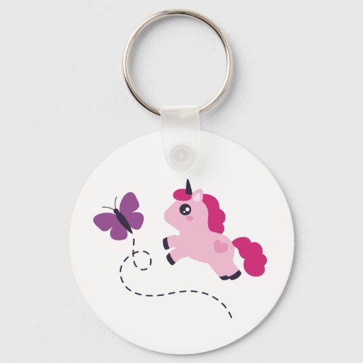 Porte-clés Cute Pink Unicorn avec un Papillon (Recto)