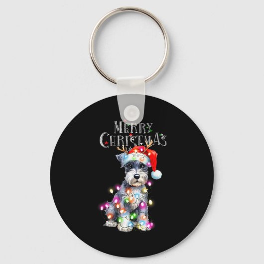 Porte-clés Cute Schnauzer Christmas Lights Xmas Dog Santa Hat (Recto)