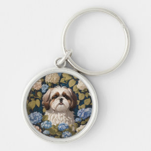 Porte-clés Cute Shih Tzu Chiot Blue hydrangea fleurs