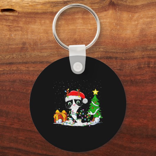 Porte-clés Cute Tuxedo Cat Santa Christmas Tree Lights Xmas T (Recto)