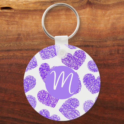 Porte-clés Cute violet Doodled Heart Saint Valentin Monogramm (Verso)