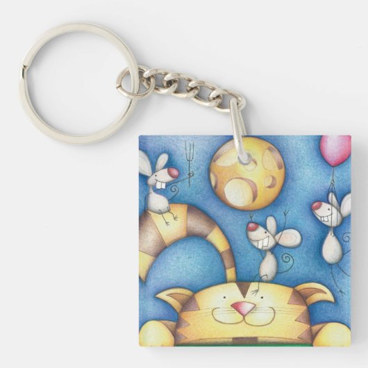 Porte-clés Cute Whimsical Cat and Mouse Moon Art (Devant)