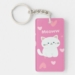 Porte-clés Cute White Chat Design avec forme Coeur rose