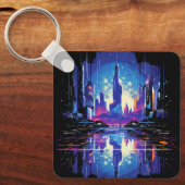 Porte-clés Cyberpunk City Skyline futuriste (Recto)