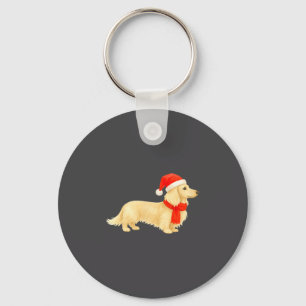 Porte-clés Dachshund crème à longs poils de Noël avec chapeau