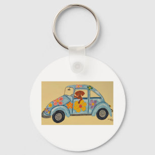 Porte-clés Dachshund dans une voiture hippie