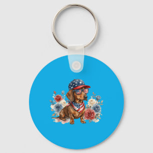 Porte-clés Dachshund Floral Drapeau Américain Usa 4 Juillet