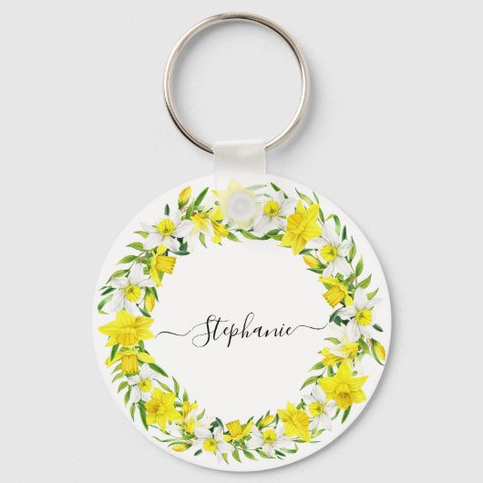 Porte-clés Daffodiles de printemps blanc jaune personnalisé G (Verso)