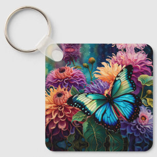 Porte-clés Dahlias Et Papillon Vert Bleu Iridescente