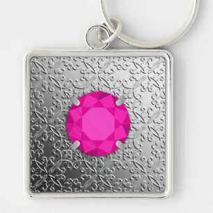 Porte-clés Damas d'argent avec un faux bijou tourmalin rose