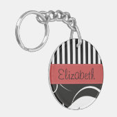 Porte-clés Damas français, bandes, noir et blanc, Votre nom (Devant gauche)